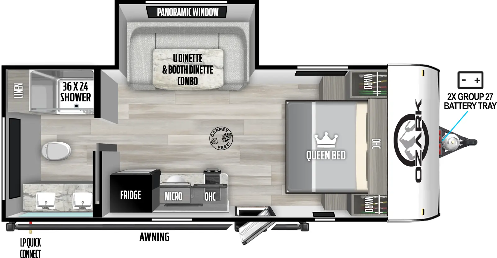 The Ozark 1670RB floorplan has one entry and one slide out. Exterior features include: metal exterior. Interiors features include: u-dinette, front bedroom and rear bathroom.